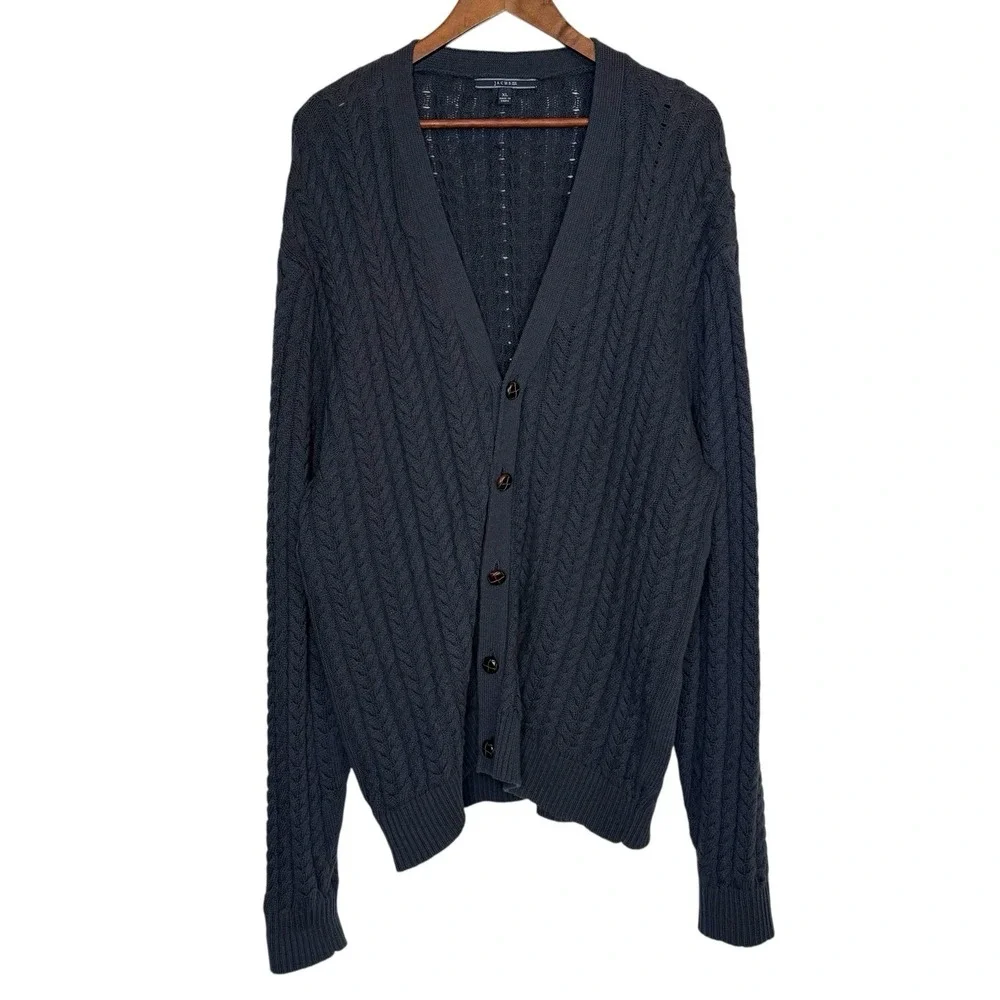Vintage Cable Knit Fisherman Cardigan XL Jachs NY Linen Navy Blue Long V‎ Neck